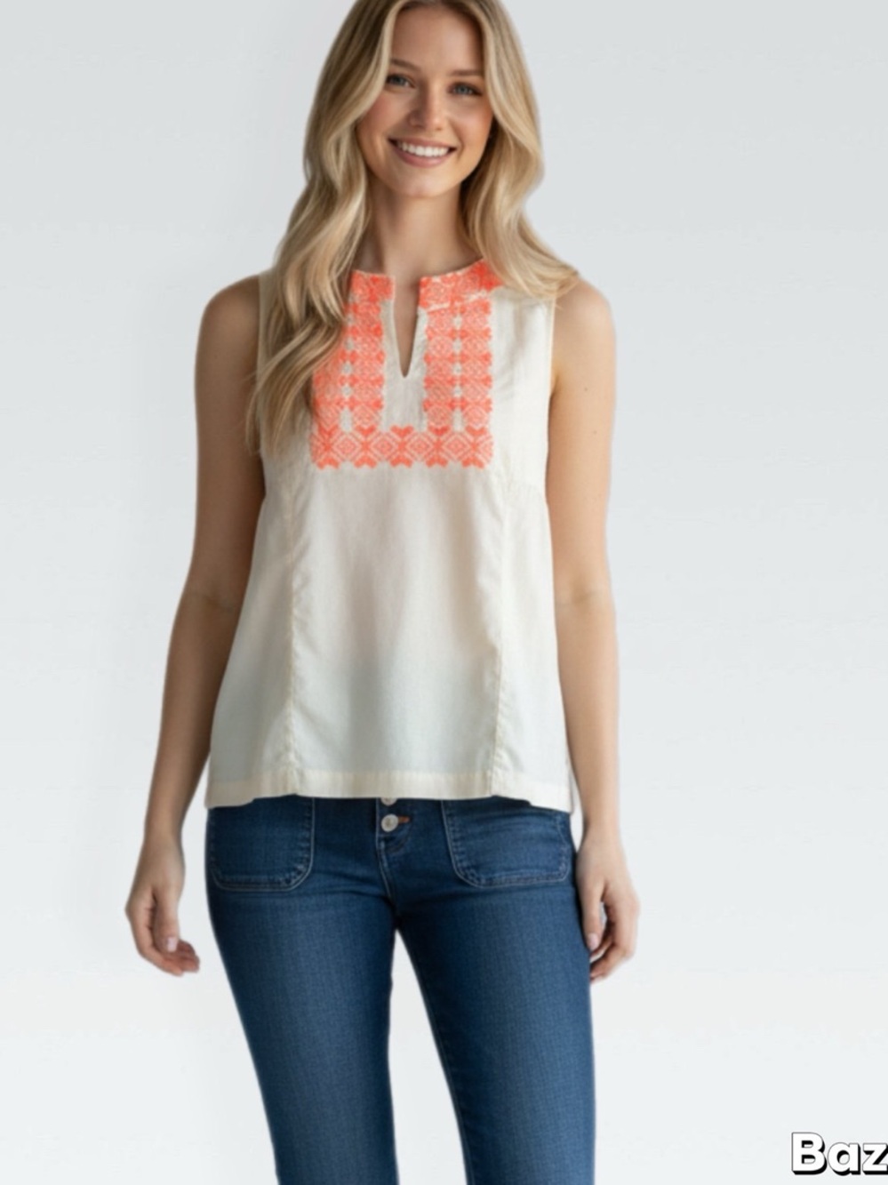 NWT Sleeveless Embroidered Split-Neck Cotton Top